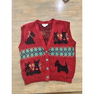 Vintage 90's Holiday Knit Sweater Vest Large Scottie Dog Cat Sweater Loft Argyle
